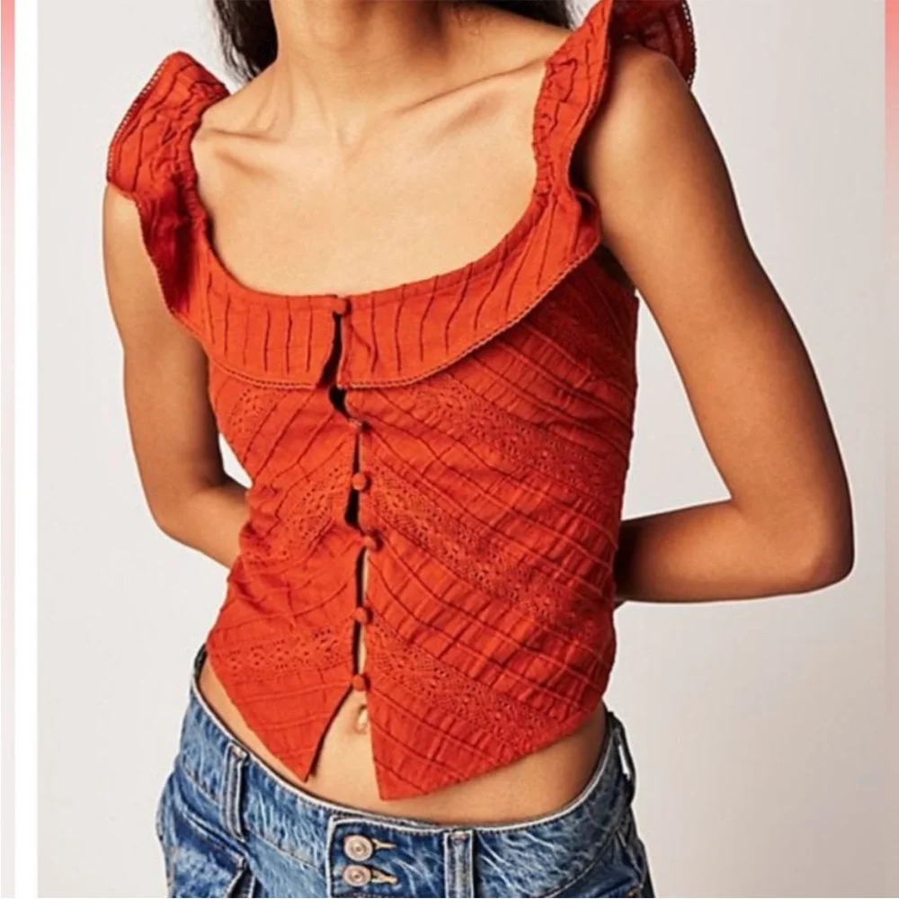 Free People Riviera Lace Inset Tank Top in Burnt Sienna Orange size X-Small - Picture 3 of 10